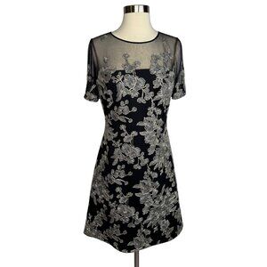 Tadashi Shoji Black Sheer Silver Floral Embroidered Cocktail Evening Dress Sz 6